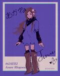  1girl artist_name black_scarf black_socks boots brown_boots brown_hair character_name closed_mouth commentary dixoterin dress english_commentary english_text eyelashes full_body heart hex_code kneehighs kurashiki_akane kyokugen_dasshutsu kyokugen_dasshutsu:_9_jikan_9_nin_9_no_tobira long_hair long_sleeves purple_dress purple_theme scarf smile socks solo standing 