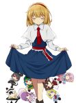  1girl alice_margatroid blonde_hair blue_dress blush capelet character_doll closed_eyes closed_mouth commentary_request doll dress facing_viewer frilled_sash fumo_(doll) hairband hakurei_reimu haniyasushin_keiki highres kirisame_marisa komeiji_satori long_sleeves nazrin patchouli_knowledge red_hairband red_sash sash simple_background skirt_hold smile solo split_mouth touhou tsuukinkaisoku_oomiya waist_sash white_background white_capelet 