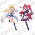  anime_coloring bandaged_arm bandages blonde_hair boots breasts brown_eyes cleavage closed_mouth dratena_belbury dress frilled_hairband frills full_body gloves hair_between_eyes hairband hazure_skill_&quot;kinomi_master&quot;:_skill_no_mi_(tabetara_shinu)_wo_mugen_ni_taberareru_you_ni_natta_ken_ni_tsuite headdress holding holding_sword holding_weapon horns large_breasts lena_floria long_hair long_sleeves looking_at_viewer miyadani_risa open_hands open_mouth outstretched_arms outstretched_hand polearm ponytail purple_dress purple_eyes purple_thighhighs reaching red_hair sample_watermark simple_background skirt smile spear spread_fingers standing standing_on_one_leg sword thighhighs twintails v_arms very_long_hair watermark weapon white_background 