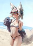  1girl animal_ears bangs bare_shoulders beach bikini blue_sky breasts collarbone eu03 fox_ears fox_girl fox_tail grey_jacket highres jacket long_hair long_sleeves looking_at_viewer navel off_shoulder open_clothes open_jacket open_mouth original red_eyes shore silver_hair sky small_breasts smile swimsuit tail thighs white_bikini 