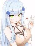  1girl bangs blue_hair blush breasts brown_shirt cleavage collarbone eyebrows_visible_through_hair girls_frontline green_eyes heart heart_print highres hk416_(girls_frontline) long_hair looking_at_viewer medium_breasts risshu shirt solo tongue tongue_out v white_background 
