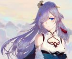  1girl :| blue_eyes cleavage_cutout closed_mouth commentary_request detached_sleeves earrings fu_hua fu_hua_(azure_empyrea) hair_ornament hair_over_one_eye hairpin highres honkai_(series) honkai_impact_3rd jewelry long_hair looking_at_viewer one_eye_covered purple_hair silence_(pixiv18541142) single_earring very_long_hair waist_sash 