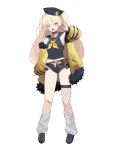  1girl :d absurdres anchor_hat_ornament arm_behind_back azur_lane bache_(azur_lane) bare_shoulders belt black_hat black_serafuku black_shirt black_shorts blonde_hair blush breasts clothes_pull cropped_shirt fang full_body fur-trimmed_jacket fur_trim groin half-closed_eyes hat hat_ornament highres jacket jacket_pull kurowanjjyang long_hair micro_shorts navel neckerchief ok_sign open_clothes open_shorts purple_eyes revealing_clothes school_uniform serafuku shirt shorts single_bare_leg single_fishnet_legwear sleeveless sleeveless_shirt small_breasts smile solo standing thighs torn_clothes torn_shorts very_long_hair yellow_jacket yellow_neckerchief 