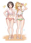  2girls absurdres bikini blonde_hair blue_eyes blush breasts brown_hair collarbone commission eyewear_on_head full_body green_eyes hand_on_own_hip harada_miyo highres idolmaster idolmaster_cinderella_girls long_hair looking_at_viewer medium_breasts multiple_girls navel niban_(puka_0507) ohtsuki_yui one_eye_closed open_mouth pixiv_commission ponytail rainbow_bikini red_bikini see-through_clothes see-through_shirt shirt shoes short_hair side-tie_bikini_bottom striped_bikini striped_clothes sunglasses swimsuit thighs tied_shirt wavy_hair wavy_sidelocks white_bikini white_shirt white_shoes 