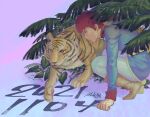  1boy amuro_ray animal blue_jacket boots brown_boots brown_hair closed_mouth commentary dated from_side gundam highres ishida_6610 jacket looking_ahead male_focus mobile_suit_gundam palm_leaf solo squatting tiger yellow_eyes 