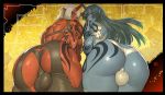  2girls ass ass_focus back black_hair blue_skin breasts bulge commentary_request cowboy_shot earrings futanari highres horns jewelry large_breasts long_hair looking_at_viewer mikoyan multiple_girls muscle muscular_female oni oni_horns original pointy_ears red_eyes red_skin short_hair tattoo testicles_under_clothes white_hair 