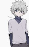  1boy black_pants black_shirt blue_eyes closed_mouth commentary_request frown highres hunter_x_hunter killua_zoldyck layered_sleeves long_sleeves looking_to_the_side male_focus pants sha_nato shirt short_over_long_sleeves short_sleeves sideways_glance solo spiked_hair turtleneck twitter_username v-neck white_hair white_shirt 
