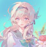  black_hairband black_ribbon black_sailor_collar blue_background blush bow bowtie collared_shirt firefly_(honkai:_star_rail) firefly_(spring_missive)_(honkai:_star_rail) flower gradient_eyes green_bow green_bowtie green_pupils grey_hair hair_between_eyes hair_intakes hair_ornament hair_ribbon hairband highres honkai:_star_rail honkai_(series) long_hair multicolored_eyes open_mouth plaid_bow plaid_bowtie plaid_clothes ribbon sailor_collar shiita34 shirt simple_background smile white_shirt 