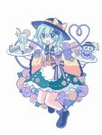  1girl adapted_costume alternate_costume apron black_hat blush bow bowtie cake cake_slice commentary cup drinking_glass drinking_straw enmaided eyeball flower food frilled_shirt_collar frilled_skirt frilled_sleeves frills fruit full_body green_eyes green_hair green_skirt hat hat_bow hat_flower heart heart_of_string holding holding_plate komeiji_koishi lemon lemon_slice long_sleeves looking_at_viewer maid open_mouth plate purple_flower shirt silverrain simple_background skirt smile solo third_eye touhou waist_apron white_apron white_background wide_sleeves yellow_bow yellow_shirt 