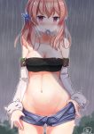  .live 1girl bandeau bangs bare_shoulders blurry blurry_background blush breasts cleavage closed_mouth cloud cloudy_sky collarbone commentary condom condom_in_mouth cowboy_shot denim denim_shorts elbow_gloves empty_eyes gloves groin hair_between_eyes hair_ornament heavy_breathing highres kitakami_futaba long_hair looking_at_viewer low_twintails medium_breasts midriff mouth_hold namae_hamada navel outdoors pink_hair purple_eyes rain short_shorts shorts signature sky smile solo star_(symbol) star_hair_ornament stomach strapless thighhighs tubetop twintails virtual_youtuber water_drop wet zettai_ryouiki 