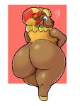  2020 aliasing animal_crossing anthro big_butt blonde_hair blue_eyes blush blush_stickers bovid brown_body butt butt_focus caprine curved_horn digital_drawing_(artwork) digital_media_(artwork) domestic_sheep female freckles frita_(animal_crossing) hair hooves horn huge_butt looking_at_viewer looking_back mammal mdjoe nintendo presenting presenting_hindquarters rear_view sheep signature simple_background smile solo thick_thighs video_games wide_hips 