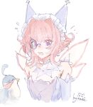  1girl bare_shoulders bird collar collarbone covered_collarbone cropped_torso detached_collar dot_nose dress elbow_gloves eyelashes fairy fairy_wings flying_sweatdrops frilled_headwear gloves hair_intakes hat highres infinity_nikki light_blush lulukko_(infinity_nikki) monocle nervous nikki_(series) notice_lines open_mouth pink_eyes pink_hair pink_wings purple_dress purple_gloves purple_hat round_eyewear shixiningya28796 short_hair_with_long_locks signature simple_background strapless strapless_dress sweatdrop white_background white_collar wings 