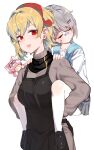  3girls absurdres animal_ears apron bandaid bandaid_on_cheek bandaid_on_face bandaid_on_nose black_apron blonde_hair blue_sailor_collar carrying chibi closed_eyes closed_mouth english_commentary goggles goggles_on_head grey_skirt grey_sweater highres hololive hololive_english hololive_indonesia kaela_kovalskia kenzeeato koseki_bijou multiple_girls open_mouth panther_ears panther_girl piggyback pink_hair raora_panthera sailor_collar school_uniform serafuku skirt sweater turtleneck turtleneck_sweater virtual_youtuber 