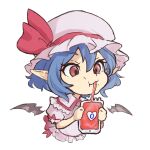  1girl ascot bat_wings bifidus_(exkagerou8665) blood blood_bag blue_hair cropped_torso drinking_blood hat hat_ribbon mob_cap pink_hat pointy_ears red_ascot red_eyes red_ribbon remilia_scarlet ribbon solo touhou white_background wings 