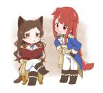  2girls animal_ears animal_nose ascot black_boots black_gloves blue_coat book boots brown_hair cat_ears cat_girl cat_tail coat crossed_legs dog_ears dog_girl dog_tail epaulettes full_body furrification furry furry_female gloves holding holding_book hutaba idolmaster idolmaster_million_live! jitome kitazawa_shiho long_hair long_sleeves looking_at_another multiple_girls open_book pants red_coat red_hair sitting tail tanaka_kotoha thighhighs triangle_mouth whiskers white_ascot white_pants 