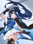  1girl :d absurdres arknights arm_up astgenne_(arknights) black_gloves black_thighhighs blue_eyes blue_hair bright_pupils cowboy_shot diamond-shaped_pupils diamond_(shape) floating_hair gloves goggles goggles_on_head grin highres llewellyn_blue long_hair looking_at_viewer miniskirt pleated_skirt red_skirt skirt smile solo standing symbol-shaped_pupils thighhighs thighs two-sided_fabric two-sided_skirt white_pupils white_skirt 