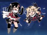  2girls :3 bangs black_gloves black_hair black_legwear black_serafuku blonde_hair blush closed_eyes elbow_gloves fingerless_gloves gloves hair_flaps hair_ornament hair_ribbon hairclip kantai_collection long_hair multiple_girls open_mouth pleated_skirt remodel_(kantai_collection) ribbon rigging sailor_collar scarf school_uniform sendai_(kantai_collection) serafuku short_sleeves skirt sleeveless terrajin two_side_up white_scarf yuudachi_(kantai_collection) 