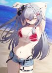  1girl absurdres akuame_(ring3922) arms_up beach belt bikini bikini_under_clothes crown_hair_ornament day grey_hair highres hololive hololive_dev_is holonatsu_paradise isaki_riona isaki_riona_(holonatsu_paradise) long_hair looking_at_viewer navel official_alternate_costume one_eye_closed one_side_up open_belt open_fly outdoors red_bikini red_eyes see-through_clothes see-through_shirt shirt short_shorts shorts solo swimsuit tank_top virtual_youtuber 