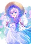  1girl :d amesame_azusa bare_shoulders blue_eyes blush brown_hat collarbone commentary_request commission dress flower frilled_dress frills hair_between_eyes hair_flower hair_ornament hands_on_headwear hands_up hat indie_virtual_youtuber ittokyu jacket long_sleeves looking_at_viewer open_clothes open_jacket petals puffy_long_sleeves puffy_sleeves purple_dress purple_flower purple_hair sleeves_past_wrists smile solo virtual_youtuber watermark white_jacket 