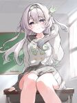  black_hairband black_ribbon blush board_eraser bow bowtie buttons chalkboard classroom closed_mouth collared_shirt desk double-breasted firefly_(honkai:_star_rail) firefly_(spring_missive)_(honkai:_star_rail) gradient_hair green_bow green_bowtie grey_hair grey_pupils grey_sailor_collar grey_skirt grey_sleeve_cuffs hair_between_eyes hair_intakes hair_ornament hairband hand_in_own_hair highres honkai:_star_rail honkai_(series) long_hair long_sleeves multicolored_eyes multicolored_hair on_desk plaid_bow plaid_bowtie plaid_clothes pleated_skirt ribbon sailor_collar shirt shyaruru skirt smile thighs two-tone_eyes white_shirt white_sleeves 