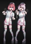  2girls ahoge bandaged_arm bandaged_leg bandages black_background blood blood_on_clothes commentary_request dress earrings fang fangs full_body green_nails hair_ornament hairclip hat highres jewelry looking_at_viewer multiple_girls nijisanji nurse nurse_cap open_mouth pink_hair red_eyes red_hair sasaki_saku shiina_yuika shin_toro slippers teeth thighhighs virtual_youtuber white_dress white_thighhighs 
