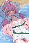  1girl absurdres arms_up bikini bikini_under_clothes blue_archive blush bow braid breasts cleavage closed_mouth hair_between_eyes hair_intakes halo hanako_(blue_archive) hanako_(swimsuit)_(blue_archive) highres hose large_breasts long_hair looking_at_viewer lying lying_on_water official_alternate_costume on_back pink_bikini pink_hair pink_halo pocari_(sq551) see-through_clothes see-through_shirt shirt single_braid smile solo swimsuit thighs wet wet_clothes wet_shirt white_bow white_shirt 