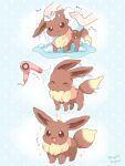  1other :3 :d artist_name bathing blue_background blush brown_eyes brown_fur closed_eyes closed_mouth commentary_request eevee hair_dryer highres mugita_konomi open_mouth pokemon pokemon_(creature) polka_dot polka_dot_background smile soap sparkle 
