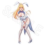  1girl animal_ear_hairband animal_ears blush bow bowtie breasts cleavage embarrassed fake_animal_ears fake_tail full_body hair_between_eyes hairband hazure_skill_&quot;kinomi_master&quot;:_skill_no_mi_(tabetara_shinu)_wo_mugen_ni_taberareru_you_ni_natta_ken_ni_tsuite high_heels high_ponytail highleg highleg_leotard jacket large_breasts lena_floria leotard long_hair long_sleeves looking_at_viewer miyadani_risa open_clothes open_jacket open_mouth pigeon-toed playboy_bunny ponytail rabbit_ear_hairband rabbit_ears rabbit_tail red_eyes ribbon sample_watermark simple_background solo tail thighs watermark wavy_mouth white_background white_jacket 
