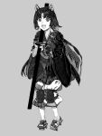  1girl :d animal_ears arknights armor beads bowl braid derivative_work facial_mark forehead_mark full_body geta grey_background greyscale hair_ribbon hatching_(texture) highres holding holding_bowl japanese_clothes kimono knee_pads linear_hatching long_hair looking_at_viewer loss_key_(ohuro_kagekiha) monochrome open_mouth parted_bangs ribbon saga_(arknights) simple_background smile solo standing 