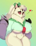  &lt;3 2020 ? accessory anthro anthrofied big_breasts bottomless breasts clothed clothing digital_media_(artwork) felid female geeflakes hair hair_accessory hair_bow hair_ribbon hi_res inuyasha kirara long_hair looking_at_viewer mammal navel neck_tuft nipple_outline red_sclera ribbons signature simple_background solo thick_thighs tuft under_boob 