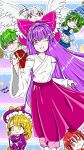  1990s_(style) 4girls 6+girls artist_name ascot blonde_hair bow braid breasts cape capelet deformed detached_sleeves dress flower frills ghost_tail green_eyes green_hair hair_bobbles hair_bow hair_ornament hair_tubes hakama hakurei_reimu hakurei_reimu_(pc-98) hat hat_bow highres holding japanese_clothes kazami_yuuka kazami_yuuka_(pc-98) kimono kirisame_marisa kirisame_marisa_(pc-98) long_hair long_sleeves looking_at_viewer miko mima_(touhou) multiple_girls navodnavod okazaki_yumemi one_eye_closed one_side_up open_mouth plaid_clothes plaid_vest purple_dress purple_eyes purple_hair red_bow red_eyes red_hair retro_artstyle ribbon shinki_(touhou) shirt short_hair skirt smile touhou touhou_(pc-98) umbrella vest wide_sleeves wings witch_hat yellow_eyes 