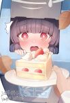  1girl absurdres black_hair blue_archive blush bright_pupils cake cake_slice commentary_request fingernails food fruit grey_halo halo happy_birthday highres holding holding_plate in_container in_trash_can leaf long_hair looking_at_viewer miyu_(blue_archive) nose_blush open_mouth plate pov pov_hands red_eyes strawberry strawberry_shortcake surprised tokcha trash_can white_background white_pupils 