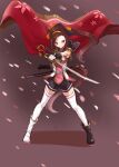  1girl alternate_eye_color animal_ears asymmetrical_footwear asymmetrical_gloves black_boots black_gloves black_shorts boots brown_hair epaulettes full_body gloves hair_ribbon highres holding holding_sword holding_weapon horse_ears horse_girl horse_tail katana komoro_paint777 long_hair looking_to_the_side mismatched_footwear mismatched_gloves ponytail red_eyes ribbon rurouni_kenshin sakura_bakushin_o_(umamusume) sheath shorts sleeveless solo sword tail thighhighs umamusume unsheathed weapon white_boots white_gloves white_thighhighs 