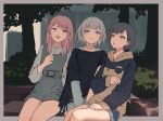  3girls bang_dream! bang_dream!_it&#039;s_mygo!!!!! black_shirt blue_eyes blue_hoodie border brown_eyes brown_hoodie bullfalk chihaya_anon commentary_request grey_border grey_eyes grey_hair heterochromia hood hood_down hoodie kaname_raana layered_sleeves long_hair long_sleeves multiple_girls open_mouth outdoors outside_border pink_hair shirt short_hair short_over_long_sleeves short_sleeves sweatdrop takamatsu_tomori two-tone_hoodie white_hair white_shirt yellow_eyes 