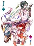  2girls 3boys absurdres arm_tattoo bead_necklace beads blue_hair bonanus_(genshin_impact) bosacius_(genshin_impact) brown_hair card chinese_clothes cocoballking genshin_impact green_hair highres holding holding_mask indarias_(genshin_impact) jack_(playing_card) jack_of_spades jewelry mask menogias_(genshin_impact) multiple_boys multiple_girls necklace playing_card red_hair shirt tattoo white_shirt xiao_(genshin_impact) yellow_eyes 