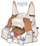 5_fingers accessory alpha_channel anthro anubian_jackal brown_body canid canine canis clothed clothing digital_media_(artwork) female fingers hair hair_accessory hat headgear headwear hi_res jackal jackal_ears jesenna_(maaarked_one) kittydee mammal shirt simple_background smile solo topwear white_hair