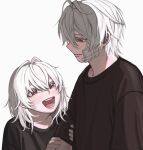  1boy 1girl :d aegyo_sal aged_down antenna_hair aohitsugi_nemu aohitsugi_samatoki black_shirt brother_and_sister bruise colored_eyelashes commentary_request empty_eyes eye_contact from_side gauze gauze_on_cheek grabbing_another&#039;s_arm hair_between_eyes half-closed_eyes height_difference highres hypnosis_mic injury light_blush looking_at_another medium_hair profile raised_eyebrows red_eyes shirt short_hair short_sleeves siblings sidelighting simple_background smile t-shirt white_background white_hair you_emceez 