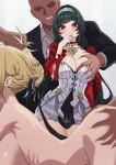  2girls 3boys absurdres astra_yao black_hair blonde_hair blush braid braided_bun breasts dress english_commentary evelyn_chevalier faceless faceless_male grabbing_another&#039;s_breast grabbing_from_behind groping group_sex hair_bun highres implied_fellatio implied_sex large_breasts mmf_threesome multiple_boys multiple_girls nude outside_border red_eyes senapops spitroast threesome white_dress zenless_zone_zero 