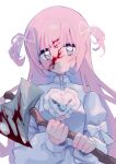  1girl axe blood blood_on_face blood_on_weapon bow closed_mouth expressionless frills grey_eyes highres holding holding_axe long_hair long_sleeves looking_at_viewer original pink_hair sheep_print shizumu_(shi_zumu) simple_background solo sparkle two_side_up upper_body weapon white_background white_bow 