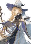  1girl aesc_(fate) aesc_(rain_witch)_(fate) black_ribbon black_robe blonde_hair book braid capelet cloak collar fate/grand_order fate_(series) floating floating_book floating_object gem glasses green_eyes hat highres holding holding_staff jnsghsi light_smile long_hair long_sleeves looking_at_viewer ponytail red_brooch red_gemstone ribbon robe round_eyewear simple_background single_braid sketch smile solo staff striped_clothes two-sided_fabric two-sided_headwear two-tone_robe two-tone_sleeves very_long_hair white_background white_capelet white_cloak white_hat white_robe wide_brim wide_sleeves witch_hat 