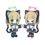  &gt;_&lt; 2girls :3 :| animal_ear_headphones animal_ears ball_hands black_jacket black_shoes black_shorts black_skirt black_tail black_thighhighs blonde_hair blue_archive blue_necktie bow buttons cat_ear_headphones cat_ears cat_tail chibi chibi_only chinese_commentary closed_eyes closed_mouth collared_shirt commentary fake_animal_ears fake_tail frilled_jacket frilled_skirt frills full_body green_bow green_eyes green_halo green_jacket hair_bow halo handheld_game_console headphones holding holding_handheld_game_console jacket long_sleeves looking_at_viewer low-tied_sidelocks midori_(blue_archive) momoi_(blue_archive) multicolored_jacket multiple_girls necktie open_clothes open_jacket pink_halo pink_jacket pink_shoes pleated_skirt red_bow remomo_(11975462) school_uniform shirt shoes short_hair short_shorts shorts siblings sidelocks simple_background sisters skirt smile standing suspender_shorts suspender_skirt suspenders tail thighhighs twins unbuttoned unbuttoned_jacket white_background white_jacket white_shirt x3 