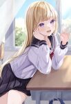  1girl absurdres black_sailor_collar black_skirt blonde_hair blue_sky blush bow bowtie buntason_(buritarooooo) chair classroom commentary_request cowboy_shot crossed_legs curtains day desk elbows_on_table hands_up highres indoors leaning_on_object long_hair long_sleeves looking_at_viewer open_mouth open_window original pleated_skirt purple_eyes red_bow red_bowtie sailor_collar school_chair school_desk school_uniform serafuku shirt sitting skirt sky smile solo straight_hair tree waving white_shirt wind window 