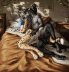 absurd_res anal anal_penetration anthro balls bed big_breasts black_balls black_body black_fur black_hair black_penis blue_eyes blue_hair bodily_fluids breasts duo equid equine facial_spots felid female female_anthro female_penetrated fur furniture genital_fluids genitals grey_body grey_fur hair hi_res horse huge_filesize humanoid_genitalia humanoid_vulva long_hair lying male male/female male_anthro male_penetrating male_penetrating_female mammal mouth_closed narrowed_eyes nipples nude on_bed on_side open_mouth penetration penile penile_penetration penis penis_in_ass pink_nipples scarlanya sex signature spotted_arms spotted_face spotted_legs spread_legs spreading striped_arms vaginal_fluids vulva white_body white_fur yellow_body yellow_eyes yellow_fur