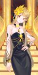  1girl absurdres arknights arm_at_side bare_shoulders black_dress blonde_hair breasts cleavage closed_mouth collarbone commentary cowboy_shot dress earrings elf english_commentary hand_on_own_hip head_tilt highres jewelry long_hair looking_at_viewer lyuqiu mixed-language_commentary mole mole_under_eye muelsyse_(arknights) necklace orange_eyes pendant pointy_ears small_breasts smile solo stairs standing strapless strapless_dress 