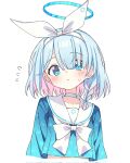  1girl :&lt; arona_(blue_archive) blue_archive blue_eyes blue_hair blue_halo blue_shirt blush bow bow_hairband bowtie braid choker closed_mouth collarbone commentary cropped_torso flying_sweatdrops hairband halo highres long_sleeves looking_at_viewer multicolored_hair pink_hair sailor_collar setteiset shirt short_hair simple_background single_braid solo sweatdrop symbol-only_commentary two-tone_hair white_background white_bow white_bowtie white_choker white_hairband white_sailor_collar 