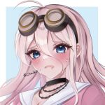  antenna_hair black_choker blonde_hair blue_eyes blush breasts choker cleavage danganronpa_(series) danganronpa_v3:_killing_harmony goggles goggles_on_head hair_between_eyes iruma_miu large_breasts long_hair o_soba_(soba3ly) open_mouth pink_shirt portrait sailor_collar shirt sweat white_sailor_collar 