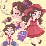  1girl artist_name blue_eyes brown_hair donkey_kong_(series) donkey_kong_bananza dress eyeshadow freckles hat highres katiameraki makeup microphone_stand music musical_note odd_rock pauline_(mario) pauline_(young)_(mario) pink_eyeshadow red_dress red_hat shoulder_freckles singing sparkle 