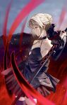  1girl absurdres ahoge artoria_pendragon_(fate) bare_shoulders black_choker black_dress black_ribbon black_thighhighs blonde_hair braid breasts bun_with_braided_base choker closed_mouth collarbone cutout_above_navel detached_sleeves dress excalibur_morgan_(fate) fate/stay_night fate_(series) gothic_lolita hair_ribbon heaven&#039;s_feel highres holding holding_sword holding_weapon lace-trimmed_thighhighs lace_trim layered_dress lolita_fashion maririri111 outdoors ribbon saber_alter short_dress short_hair sidelocks small_breasts solo sword thighhighs weapon yellow_eyes 