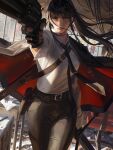  1girl belt belt_buckle black_belt black_hair black_jacket black_necktie black_pants breasts buckle closed_mouth collared_shirt commentary day floating_hair gun guweiz handgun highres holding holding_gun holding_sword holding_weapon holster indoors jacket jacket_on_shoulders long_hair necktie original pants ponytail revolver shirt small_breasts solo sword symbol-only_commentary weapon white_shirt window 