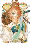  1girl arm_up armlet bare_shoulders border bracelet breasts closed_mouth druvis_iii dunhuang_style green_eyes green_shawl green_tube_top hagoromo hair_bun hair_ornament hands_up highres holding holding_instrument instrument jewelry medium_breasts navel necklace official_alternate_costume orange_hair ornate_border outside_border parted_bangs pipa_(instrument) reverse:1999 seiiichannnn shawl short_hair smile solo strapless tube_top upper_body white_background 
